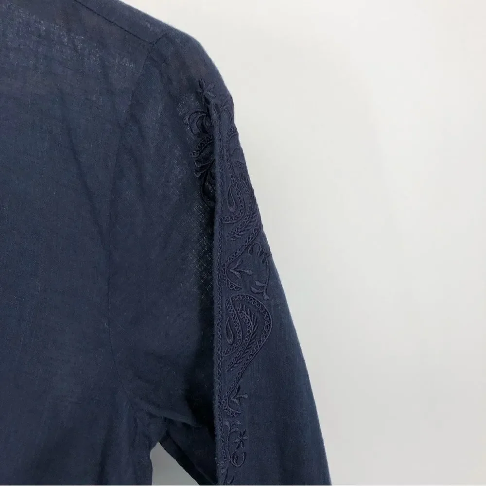 J. Crew Linen Tunic Coverup Womens Small Blue Embroidered‎ Side Slits